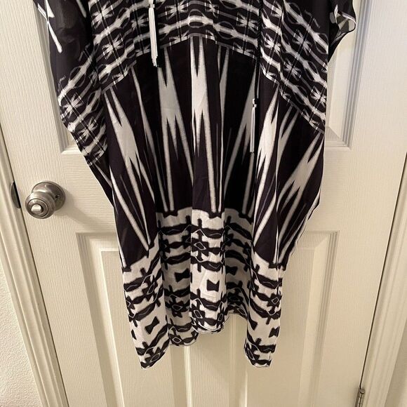 Marie France Van Damme Ethnic Printed Silk Short Boubou Caftan Black White OS - Picture 4 of 16